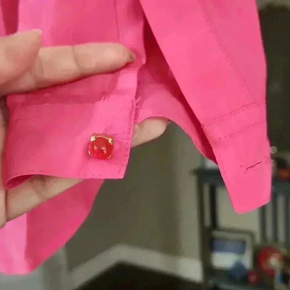 Pink LILLY PULITZER Silk Collared Split Neck Blouse - Picture 7 of 8